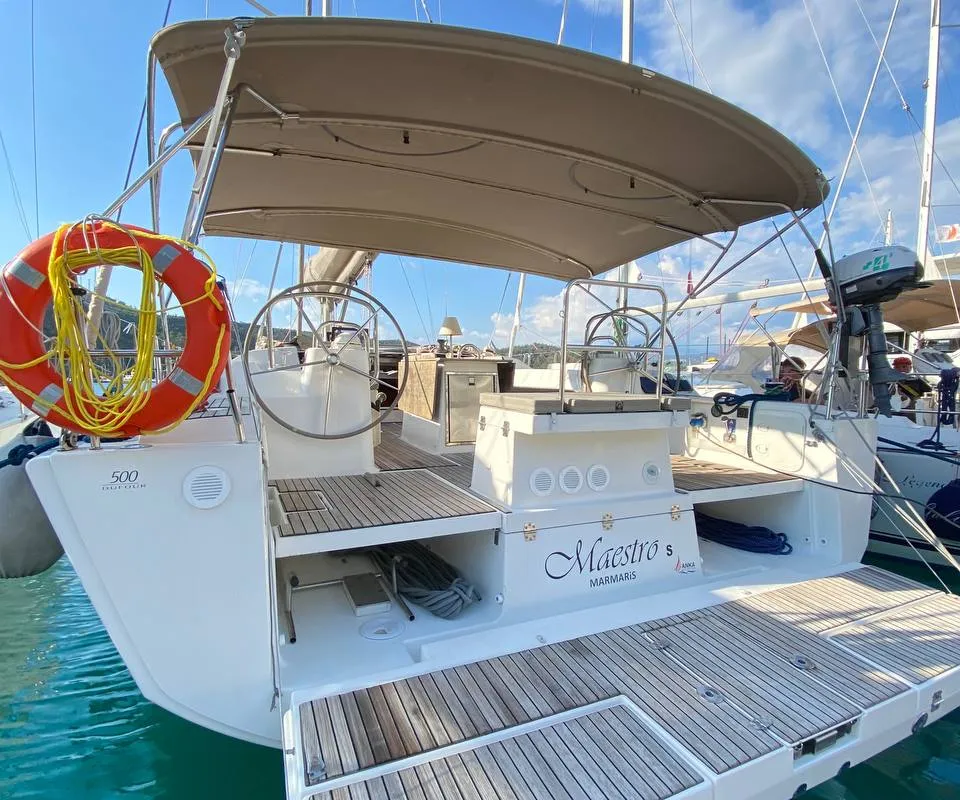 Exterior view of Maestro S, a Dufour 500 Grand Large sailboat at Fethiye, Turkey
