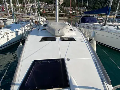 Deck of Maestro S, a Dufour 500 Grand Large sailboat at Fethiye, Turkey