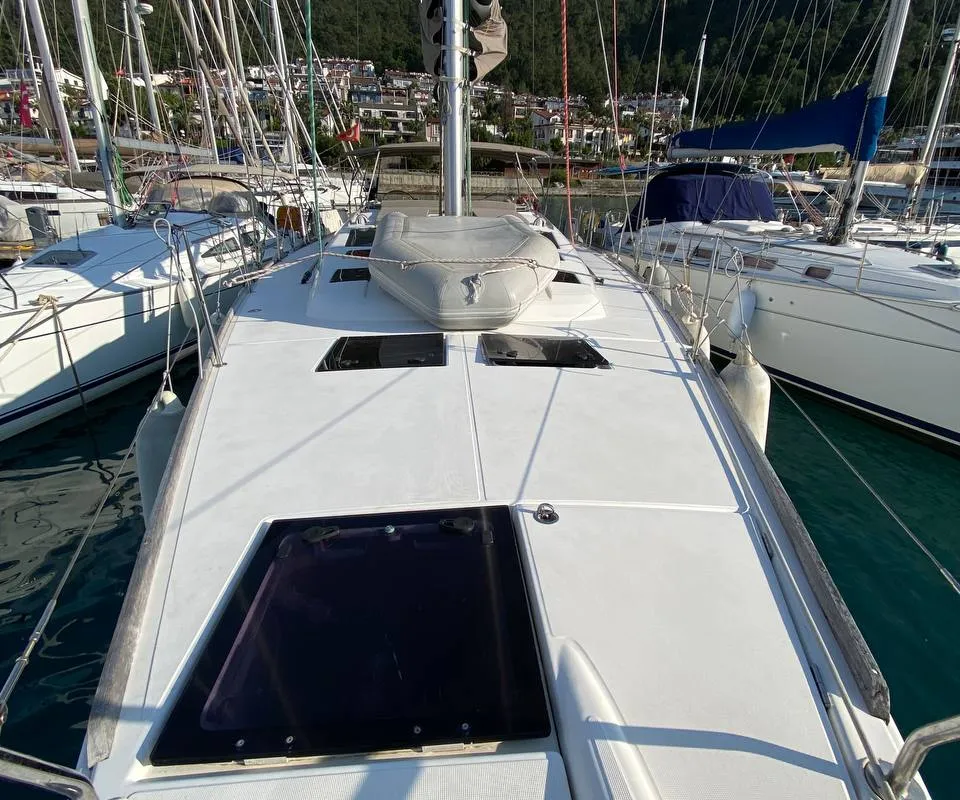Deck of Maestro S, a Dufour 500 Grand Large sailboat at Fethiye, Turkey