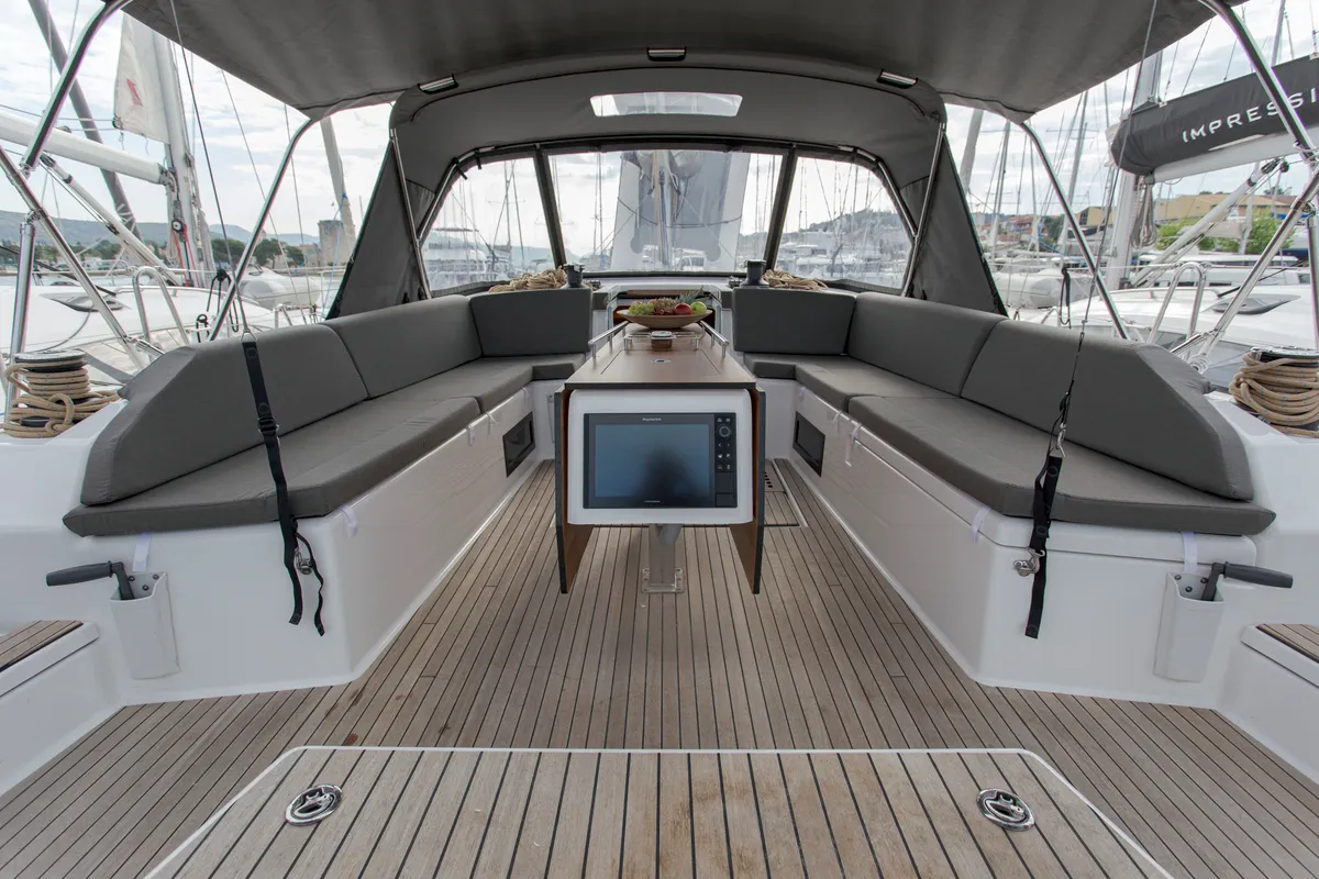 Deck of Astrid, a Dufour 530 sailboat at Preveza, Greece