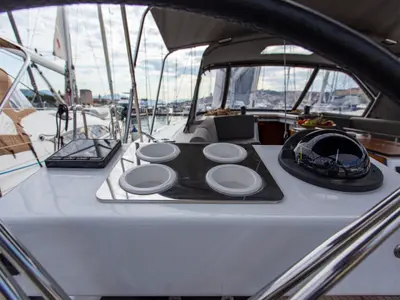 Cockpit of Astrid, a Dufour 530 sailboat at Preveza, Greece