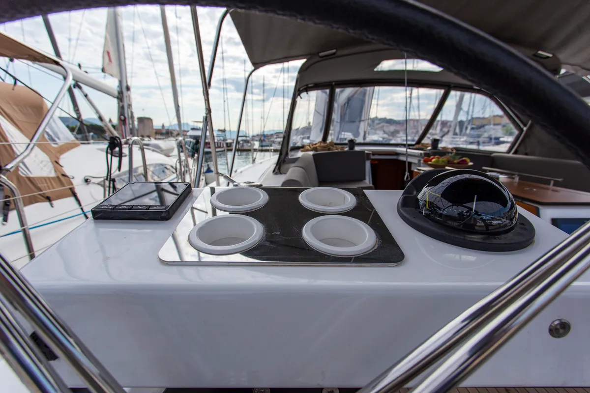 Cockpit of Astrid, a Dufour 530 sailboat at Preveza, Greece