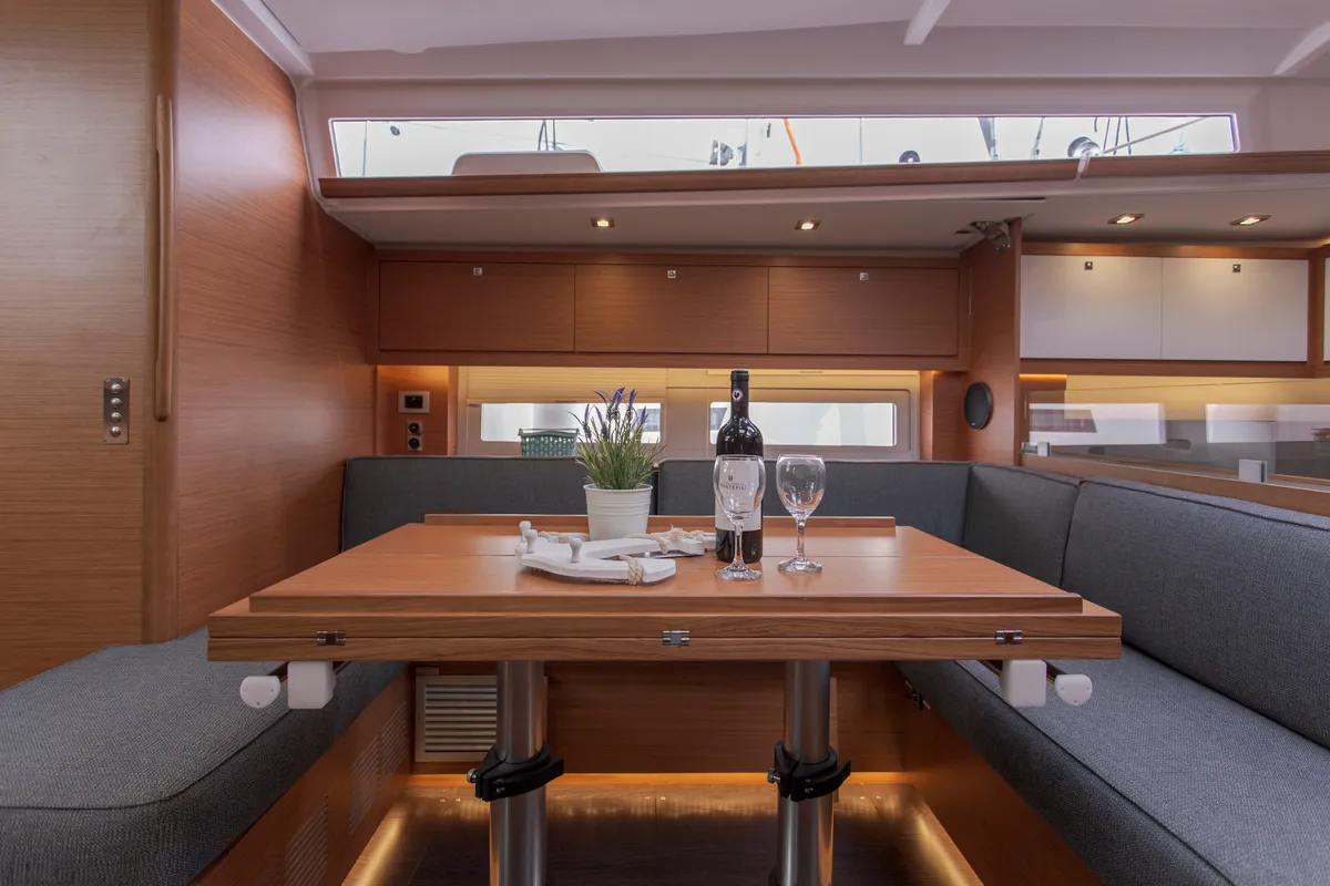 Salon of Astrid, a Dufour 530 sailboat at Preveza, Greece