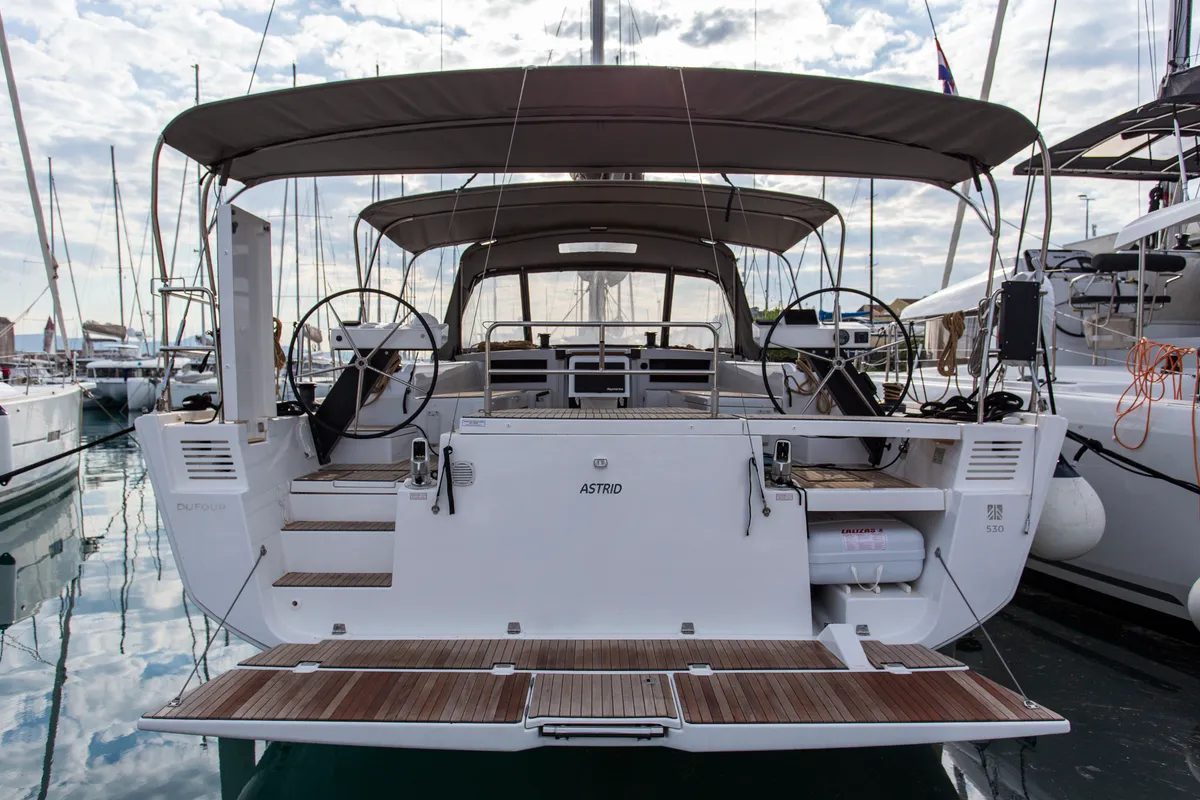 Exterior view of Astrid, a Dufour 530 sailboat at Preveza, Greece