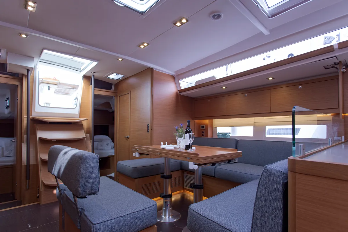 Salon of Astrid, a Dufour 530 sailboat at Preveza, Greece