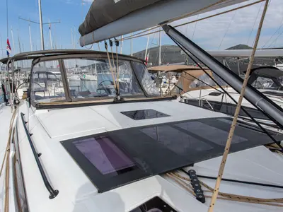 Deck of Astrid, a Dufour 530 sailboat at Preveza, Greece