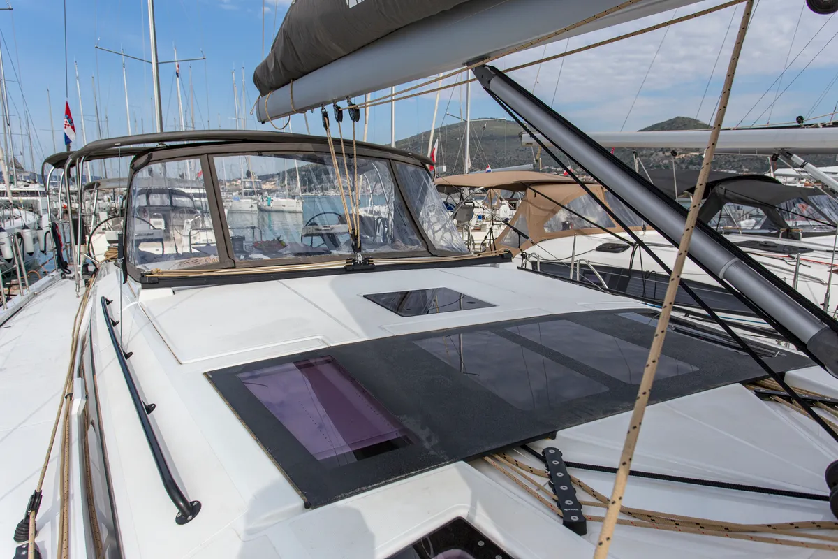 Deck of Astrid, a Dufour 530 sailboat at Preveza, Greece
