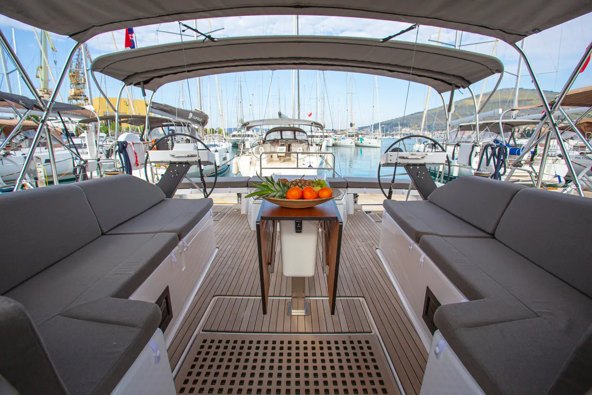 Deck of Astrid, a Dufour 530 sailboat at Preveza, Greece