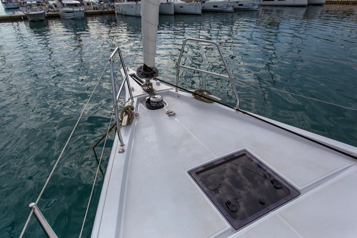 Deck of Astrid, a Dufour 530 sailboat at Preveza, Greece