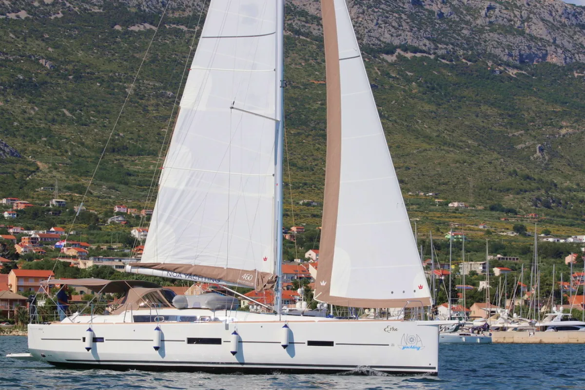 Exterior view of Esra, a Dufour 460 GL sailboat at Grad Kaštela, Croatia
