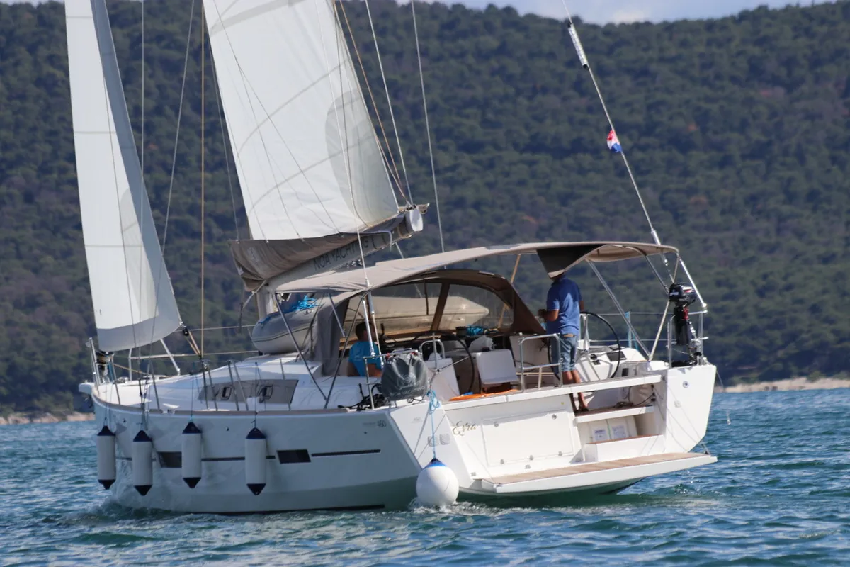 Exterior view of Esra, a Dufour 460 GL sailboat at Grad Kaštela, Croatia
