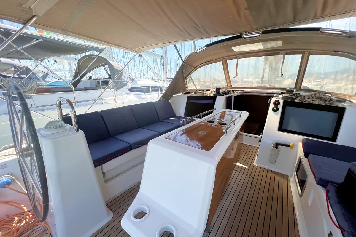 Cockpit of Esra, a Dufour 460 GL sailboat at Grad Kaštela, Croatia