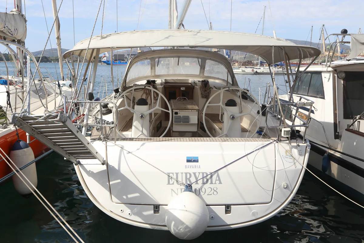 Exterior view of Eurybia, a Bavaria Cruiser 40 sailboat at Loutraki, Greece