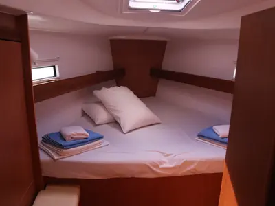 Cabin on Eurybia, a Bavaria Cruiser 40 sailboat at Loutraki, Greece