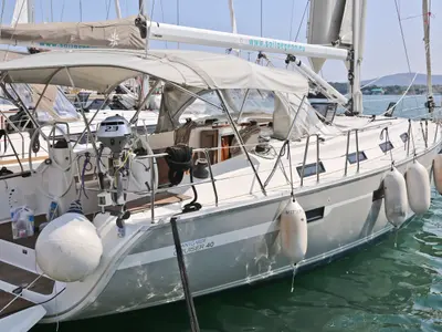 Exterior view of Eurybia, a Bavaria Cruiser 40 sailboat at Loutraki, Greece