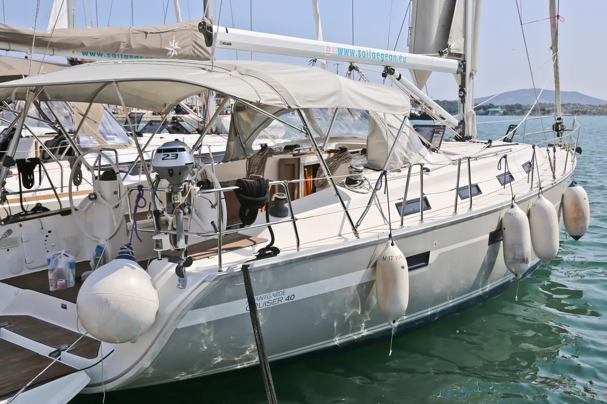 Exterior view of Eurybia, a Bavaria Cruiser 40 sailboat at Loutraki, Greece