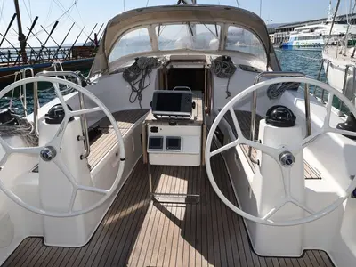 Cockpit of Eurybia, a Bavaria Cruiser 40 sailboat at Loutraki, Greece