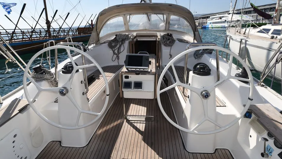 Cockpit of Eurybia, a Bavaria Cruiser 40 sailboat at Loutraki, Greece