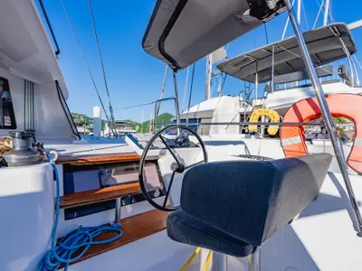 Cockpit of SempreVerde, a Nautitech 44 Open catamaran at Road Town, British Virgin Islands