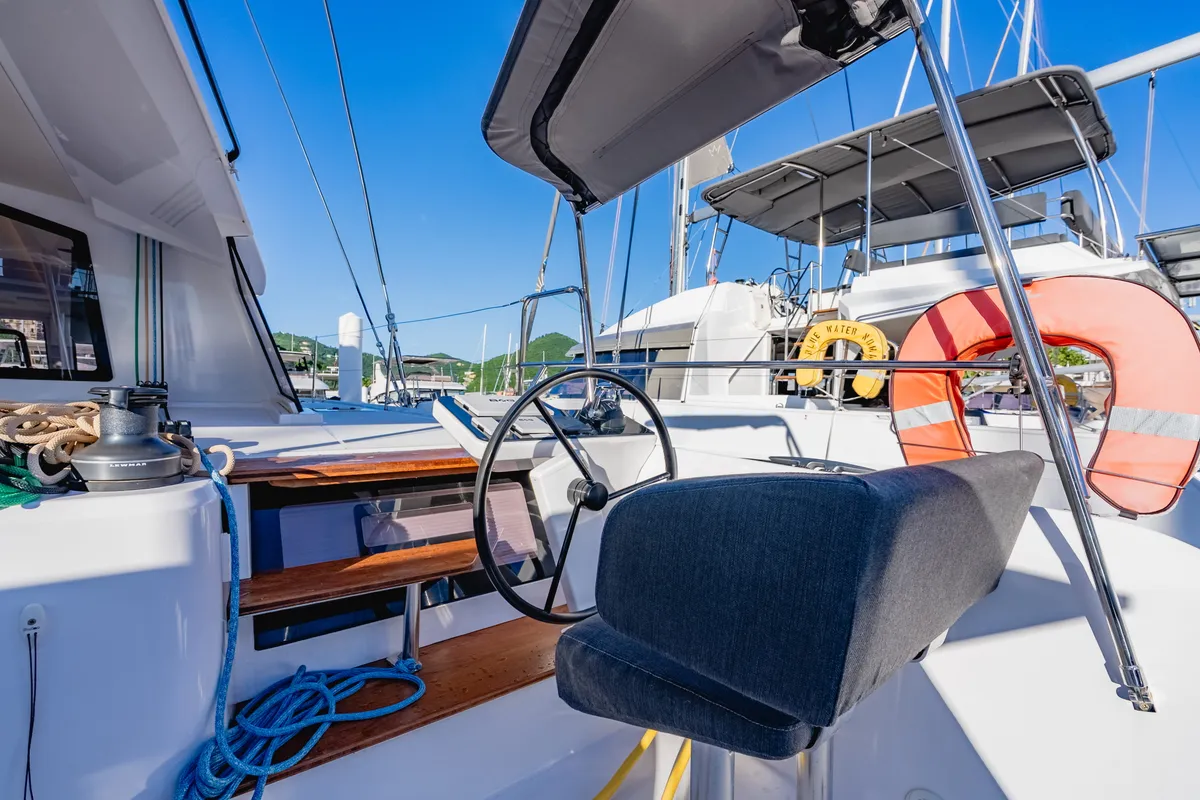 Cockpit of SempreVerde, a Nautitech 44 Open catamaran at Road Town, British Virgin Islands