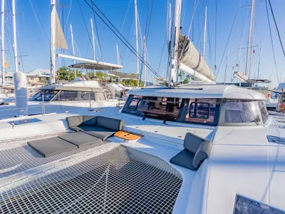 Deck of SempreVerde, a Nautitech 44 Open catamaran at Road Town, British Virgin Islands