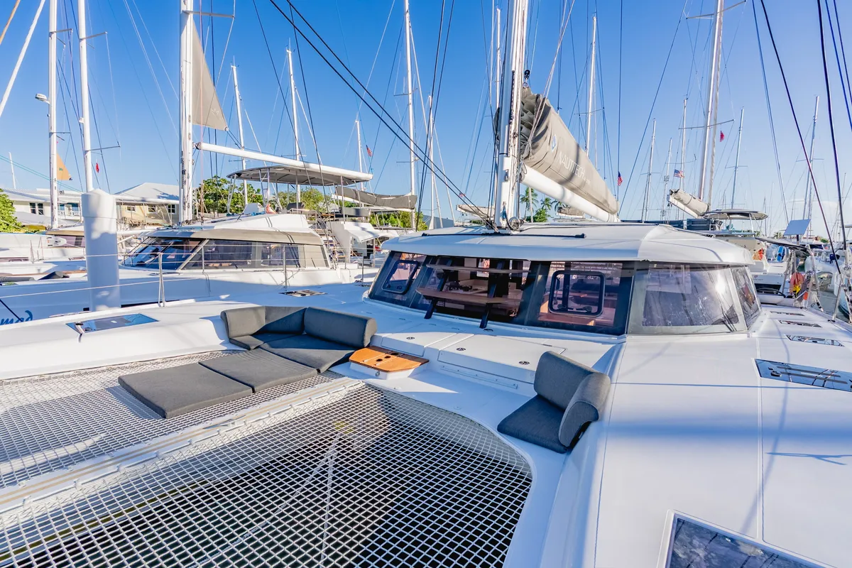 Deck of SempreVerde, a Nautitech 44 Open catamaran at Road Town, British Virgin Islands