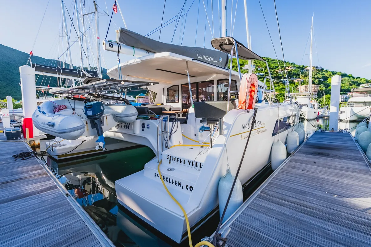 Exterior view of SempreVerde, a Nautitech 44 Open catamaran at Road Town, British Virgin Islands