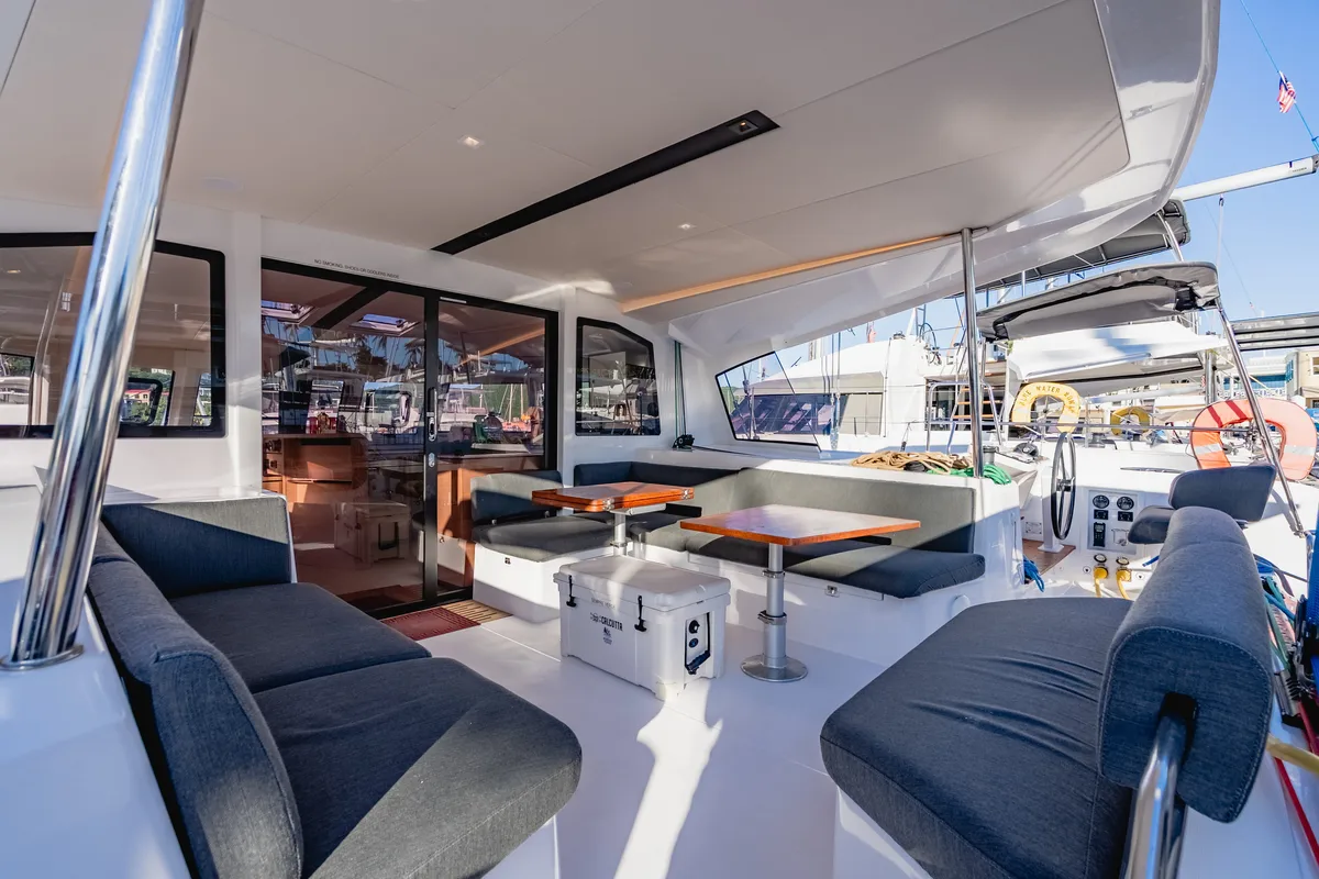 Deck of SempreVerde, a Nautitech 44 Open catamaran at Road Town, British Virgin Islands
