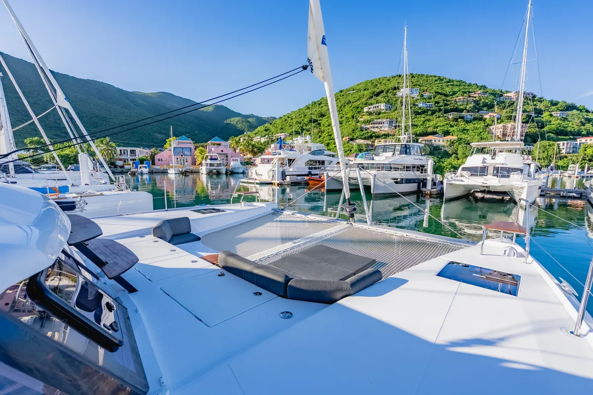 Deck of SempreVerde, a Nautitech 44 Open catamaran at Road Town, British Virgin Islands