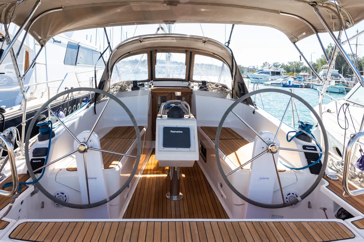 Cockpit of Jack Of London, a Bavaria 37 sailboat at Municipal Unit of Nea Peramos, Greece