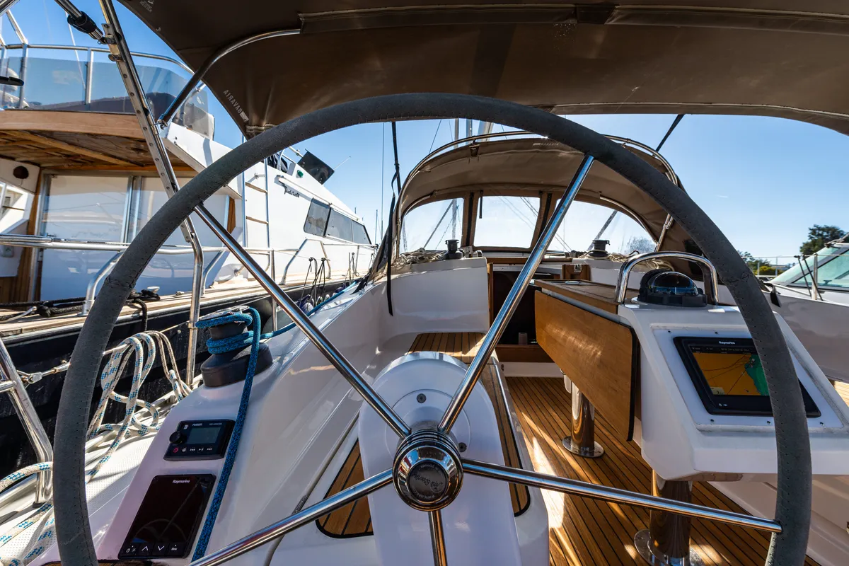 Cockpit of Jack Of London, a Bavaria 37 sailboat at Municipal Unit of Nea Peramos, Greece