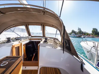 Cockpit of Jack Of London, a Bavaria 37 sailboat at Municipal Unit of Nea Peramos, Greece