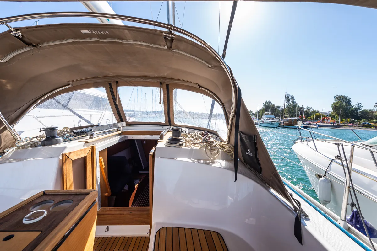 Cockpit of Jack Of London, a Bavaria 37 sailboat at Municipal Unit of Nea Peramos, Greece