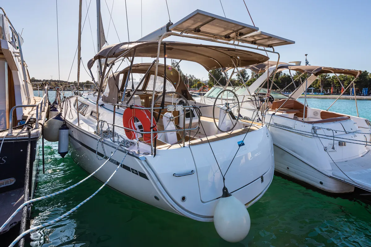 Exterior view of Jack Of London, a Bavaria 37 sailboat at Municipal Unit of Nea Peramos, Greece