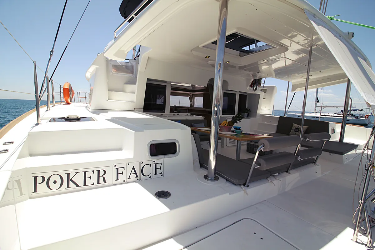 Deck of Poker Face - (A/C - Generator - Refit 2021), a Lagoon 450 Fly catamaran at Athens, Greece