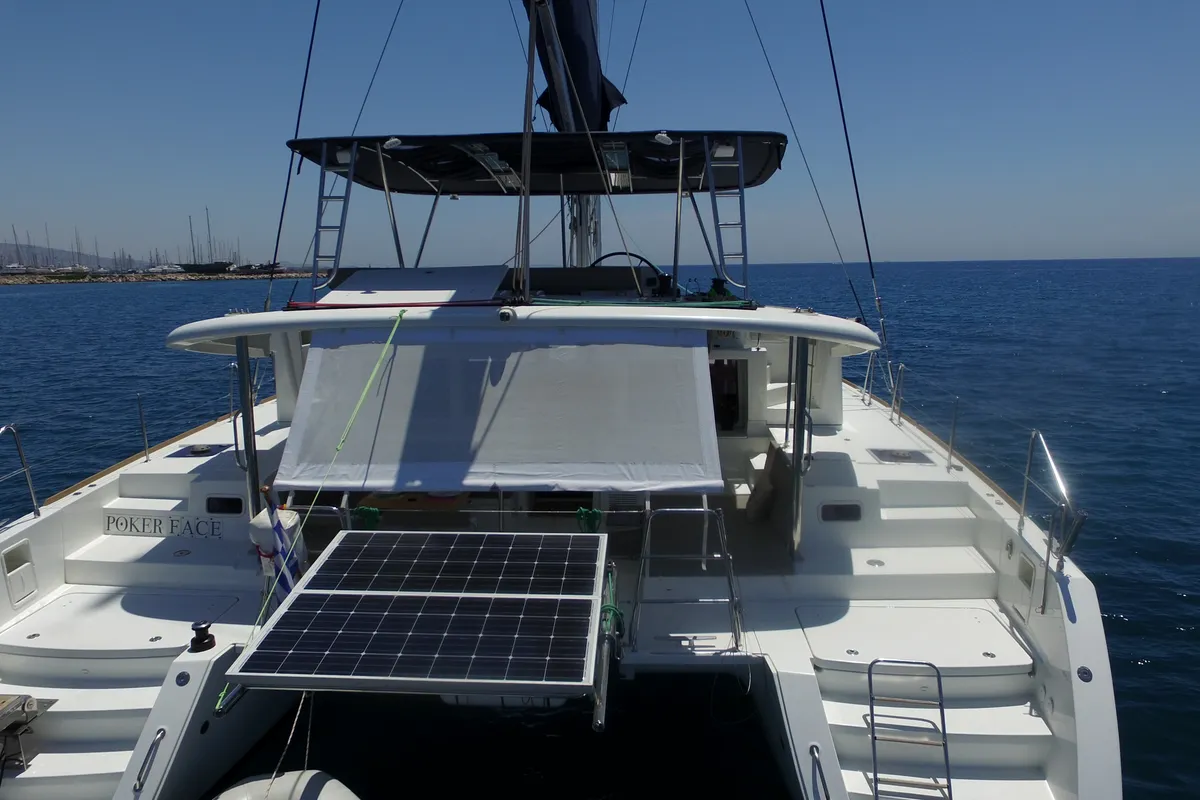 Deck of Poker Face - (A/C - Generator - Refit 2021), a Lagoon 450 Fly catamaran at Athens, Greece
