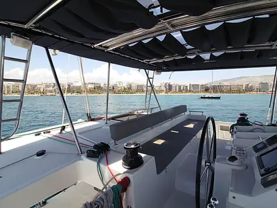 Cockpit of Poker Face - (A/C - Generator - Refit 2021), a Lagoon 450 Fly catamaran at Athens, Greece