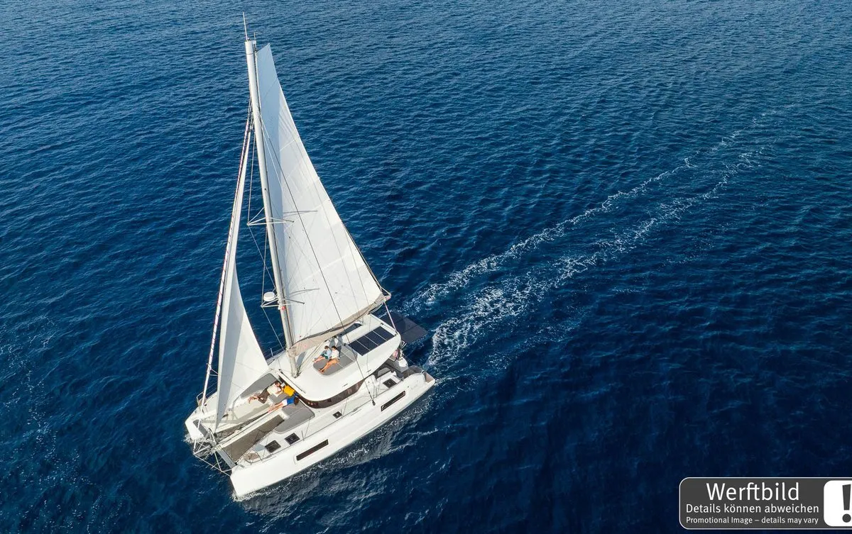 Exterior view of FlipFlop, a Lagoon 38 catamaran at Palma de Mallorca, Spain