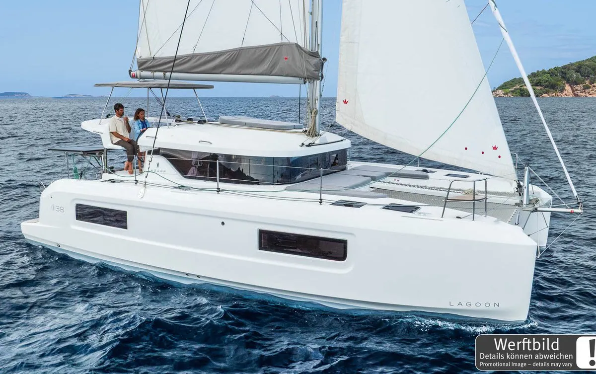 Exterior view of FlipFlop, a Lagoon 38 catamaran at Palma de Mallorca, Spain