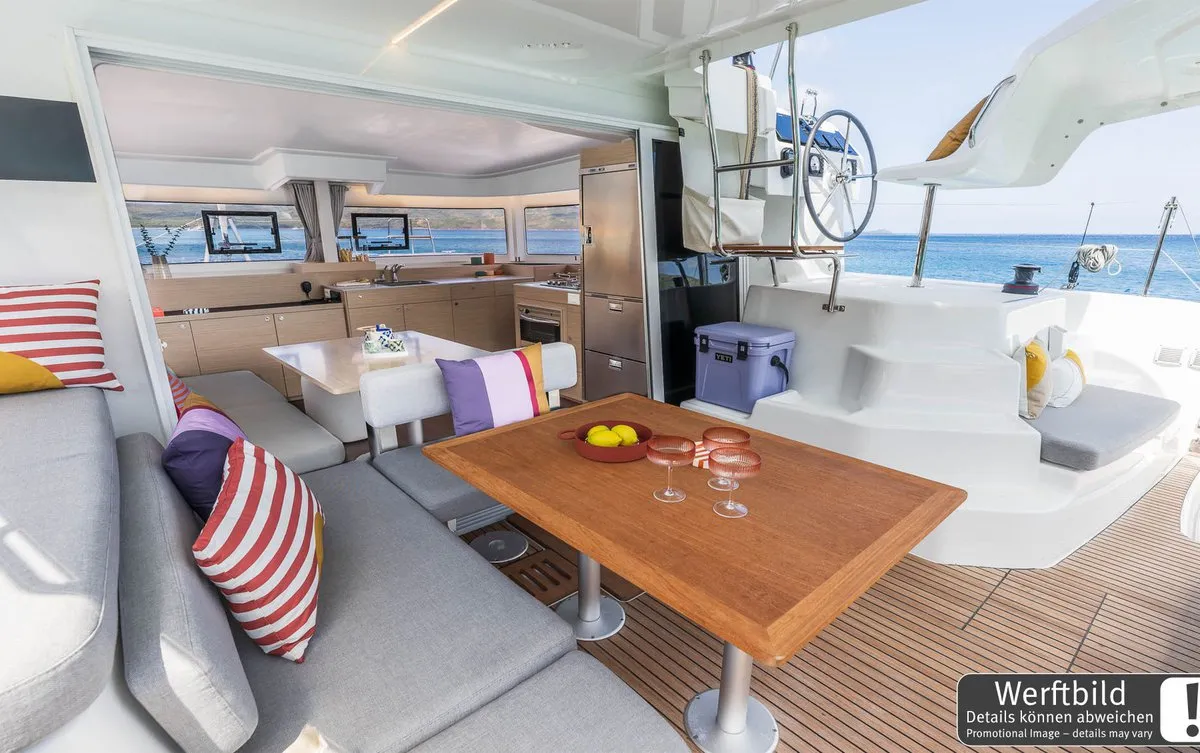 Cockpit of FlipFlop, a Lagoon 38 catamaran at Palma de Mallorca, Spain