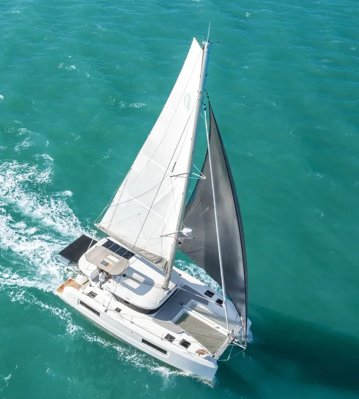 Exterior view of FlipFlop, a Lagoon 38 catamaran at Palma de Mallorca, Spain