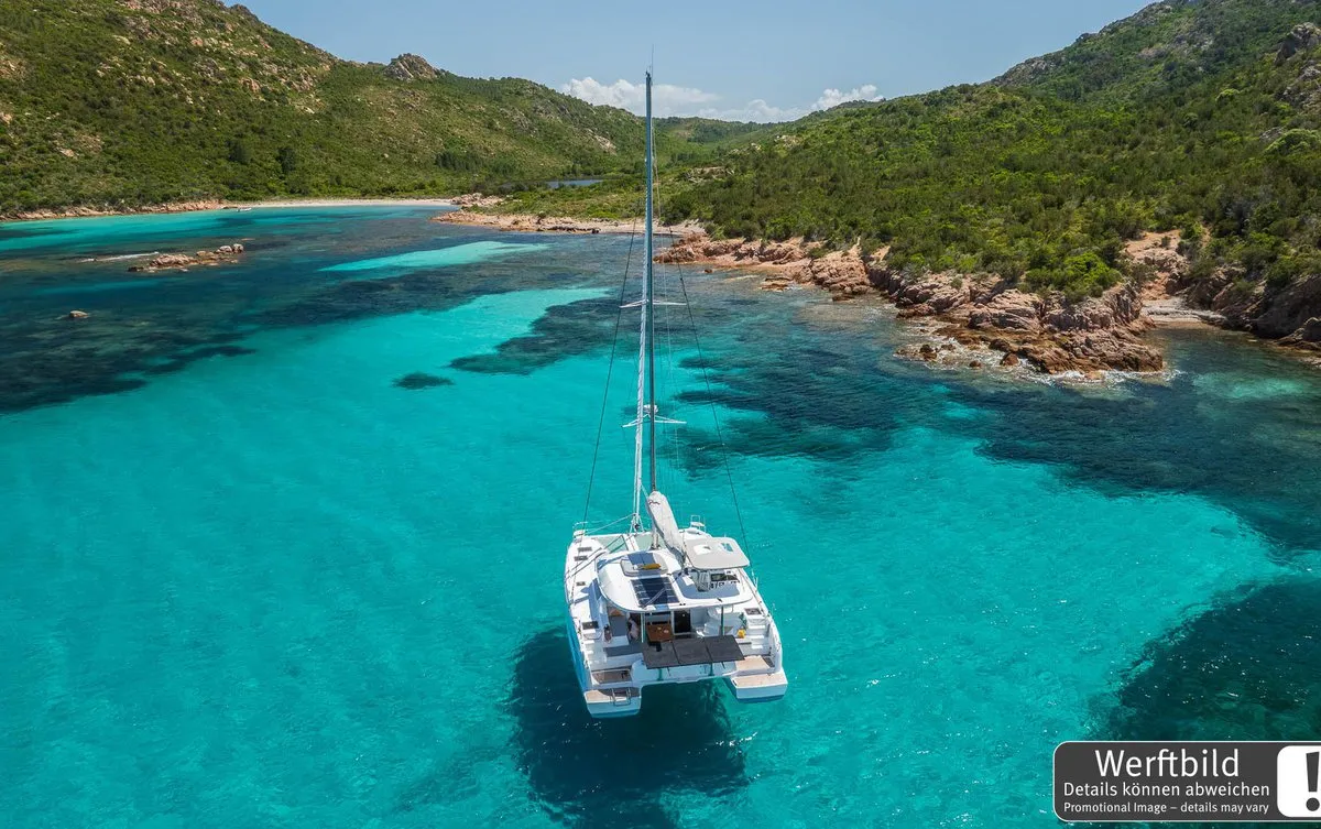 Exterior view of FlipFlop, a Lagoon 38 catamaran at Palma de Mallorca, Spain