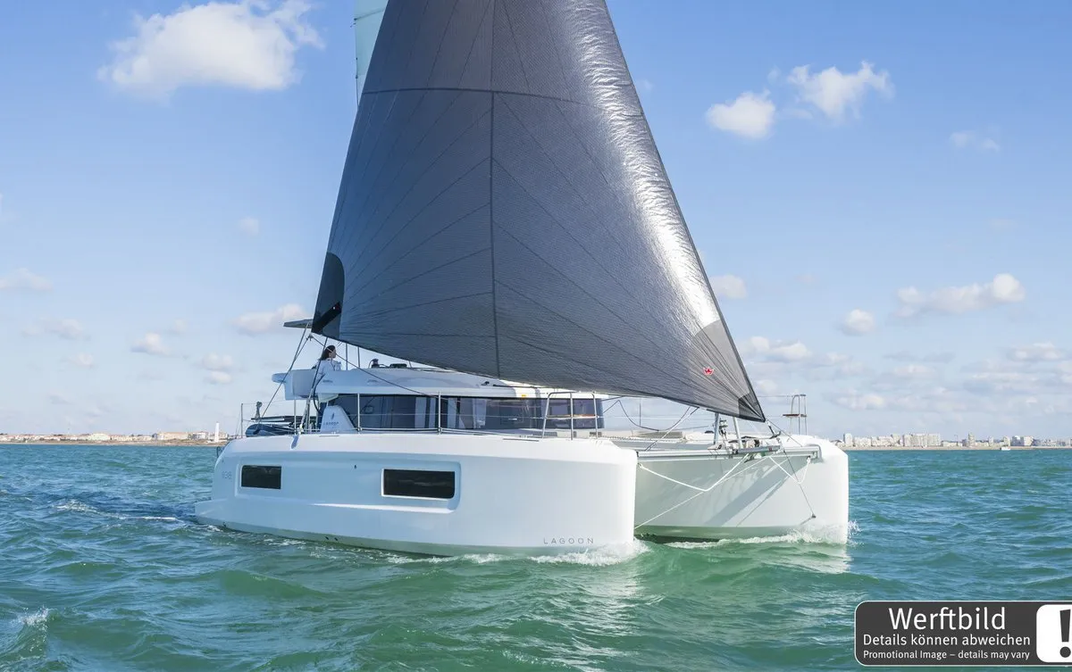 Exterior view of FlipFlop, a Lagoon 38 catamaran at Palma de Mallorca, Spain