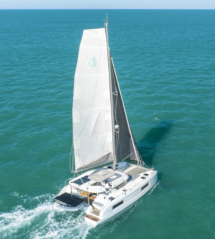 Exterior view of FlipFlop, a Lagoon 38 catamaran at Palma de Mallorca, Spain