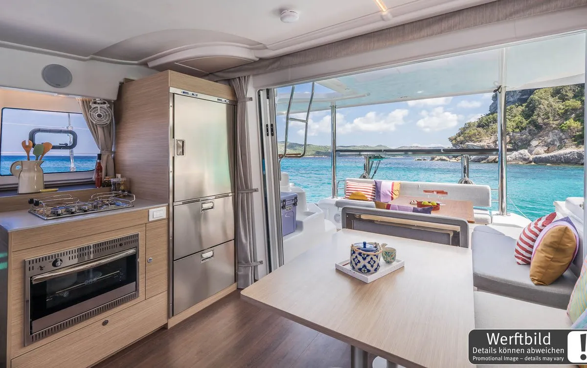 Galley of FlipFlop, a Lagoon 38 catamaran at Palma de Mallorca, Spain