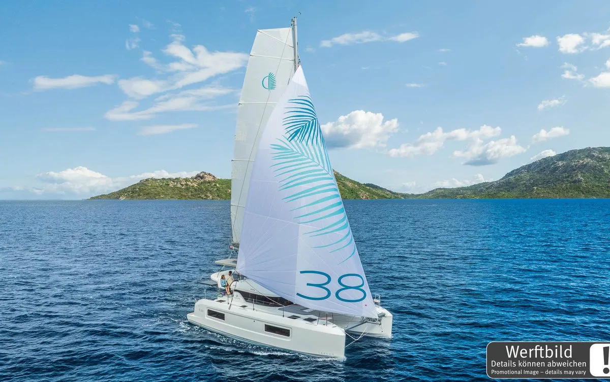 Exterior view of FlipFlop, a Lagoon 38 catamaran at Palma de Mallorca, Spain