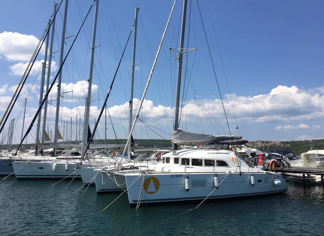 Exterior view of Xenia, a Lagoon 380 catamaran at Punat, Croatia