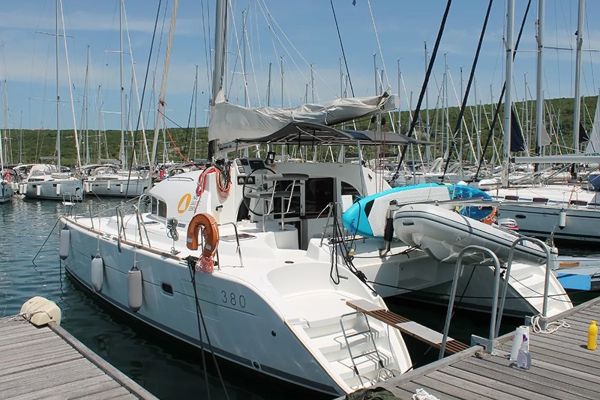 Exterior view of Xenia, a Lagoon 380 catamaran at Punat, Croatia