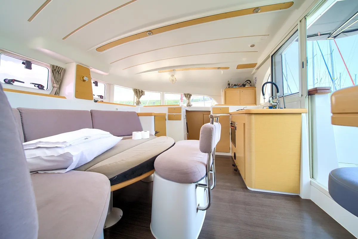 Salon of Xenia, a Lagoon 380 catamaran at Punat, Croatia