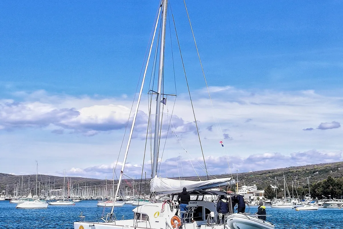 Exterior view of Xenia, a Lagoon 380 catamaran at Punat, Croatia